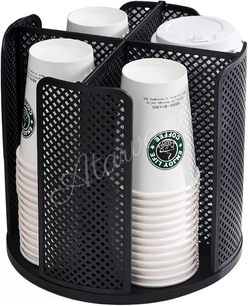 Atarvana Rotatable Coffee Cup Dispenser with 4 Compartments, Atavarna Cups and Lids Holder for 5-16oz Cups Organizer for Restaurant, Coffee Station, Bar, Office, Home-9.25" x 9.25" x 8.66" - Image 1